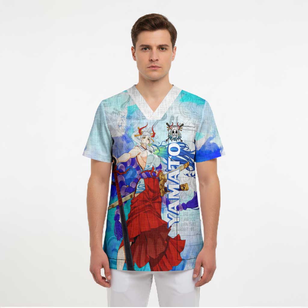 Yamato One Piece Blue Cloud Theme Scrub Top with Manga Panels and Oni Horn Character Design - The Mazicc