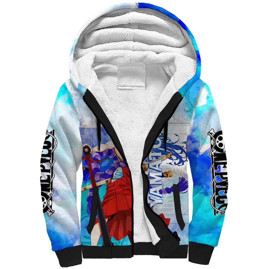 Yamato One Piece Blue Cloud Theme Sherpa Hoodie with Manga Panels and Oni Horn Character Design - The Mazicc