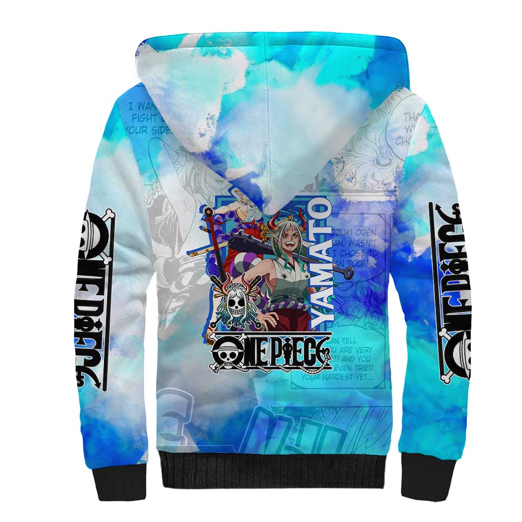 Yamato One Piece Blue Cloud Theme Sherpa Hoodie with Manga Panels and Oni Horn Character Design - The Mazicc