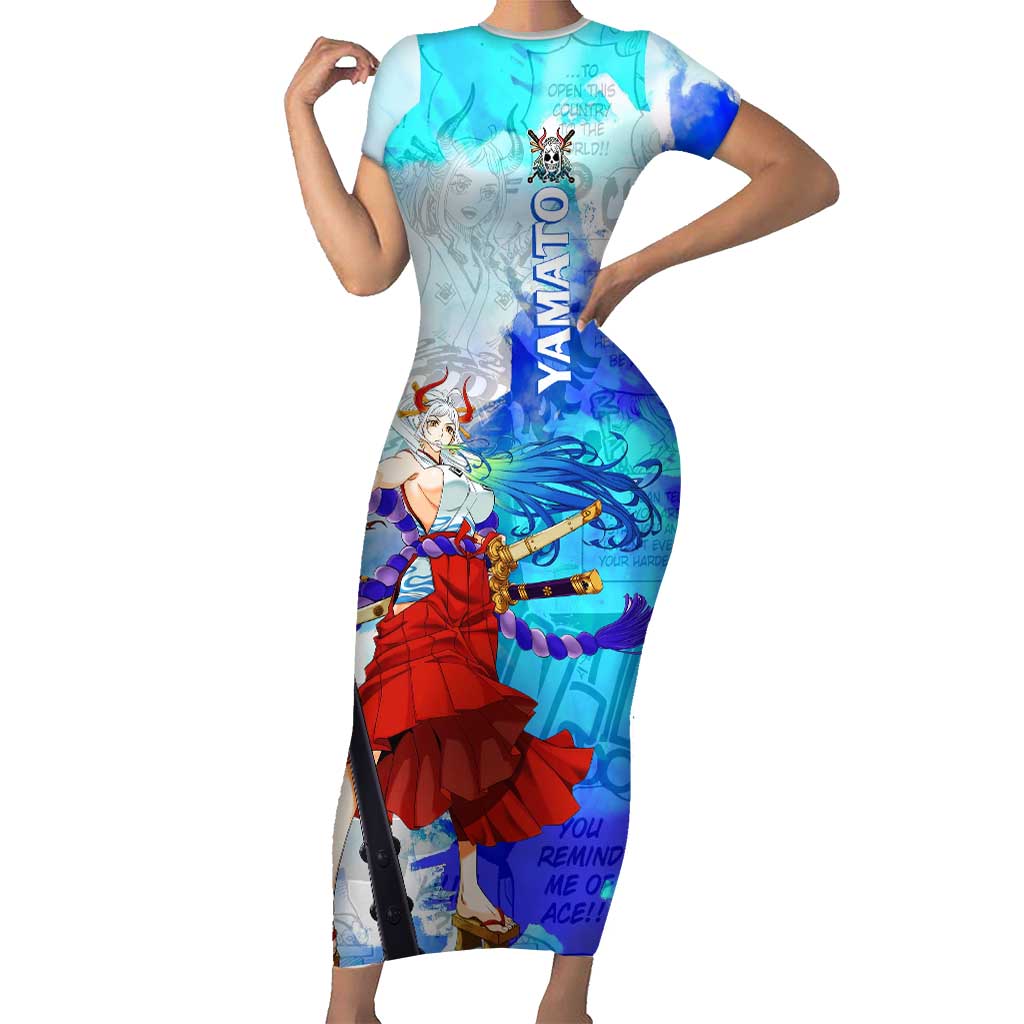 Yamato One Piece Blue Cloud Theme Short Sleeve Bodycon Dress with Manga Panels and Oni Horn Character Design - The Mazicc