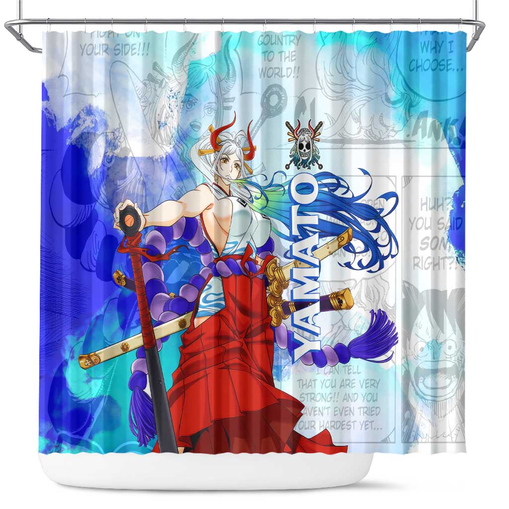 Yamato One Piece Blue Cloud Theme Shower Curtain with Manga Panels and Oni Horn Character Design - The Mazicc