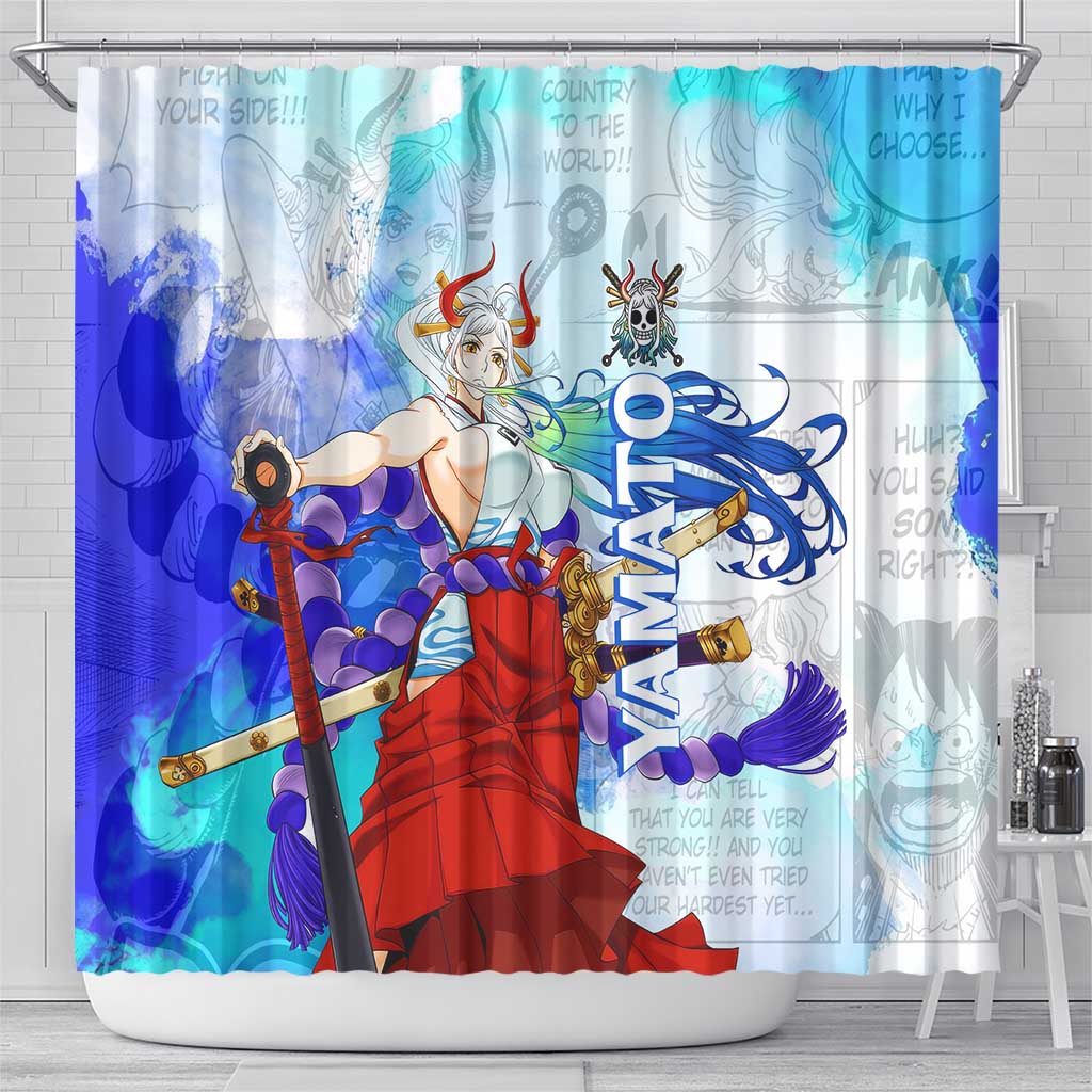 Yamato One Piece Blue Cloud Theme Shower Curtain with Manga Panels and Oni Horn Character Design - The Mazicc