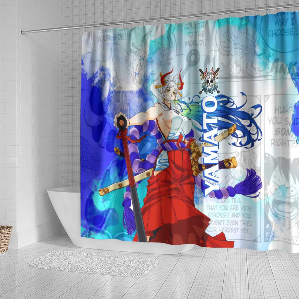 Yamato One Piece Blue Cloud Theme Shower Curtain with Manga Panels and Oni Horn Character Design - The Mazicc