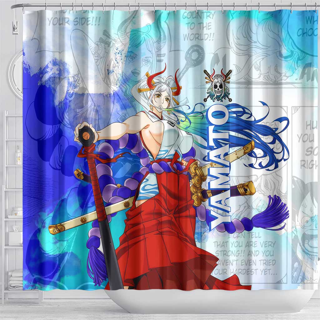 Yamato One Piece Blue Cloud Theme Shower Curtain with Manga Panels and Oni Horn Character Design - The Mazicc