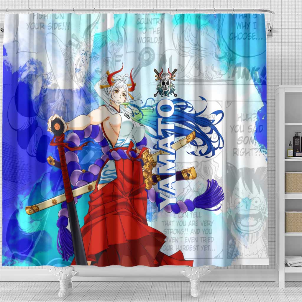 Yamato One Piece Blue Cloud Theme Shower Curtain with Manga Panels and Oni Horn Character Design - The Mazicc