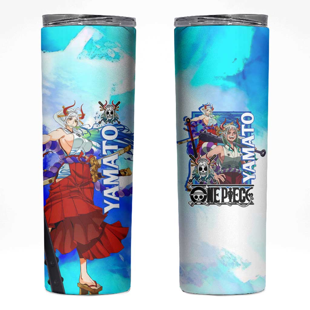 Yamato One Piece Blue Cloud Theme Skinny Tumbler with Manga Panels and Oni Horn Character Design - The Mazicc
