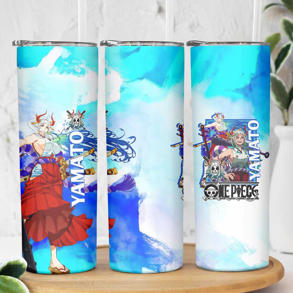 Yamato One Piece Blue Cloud Theme Skinny Tumbler with Manga Panels and Oni Horn Character Design - The Mazicc
