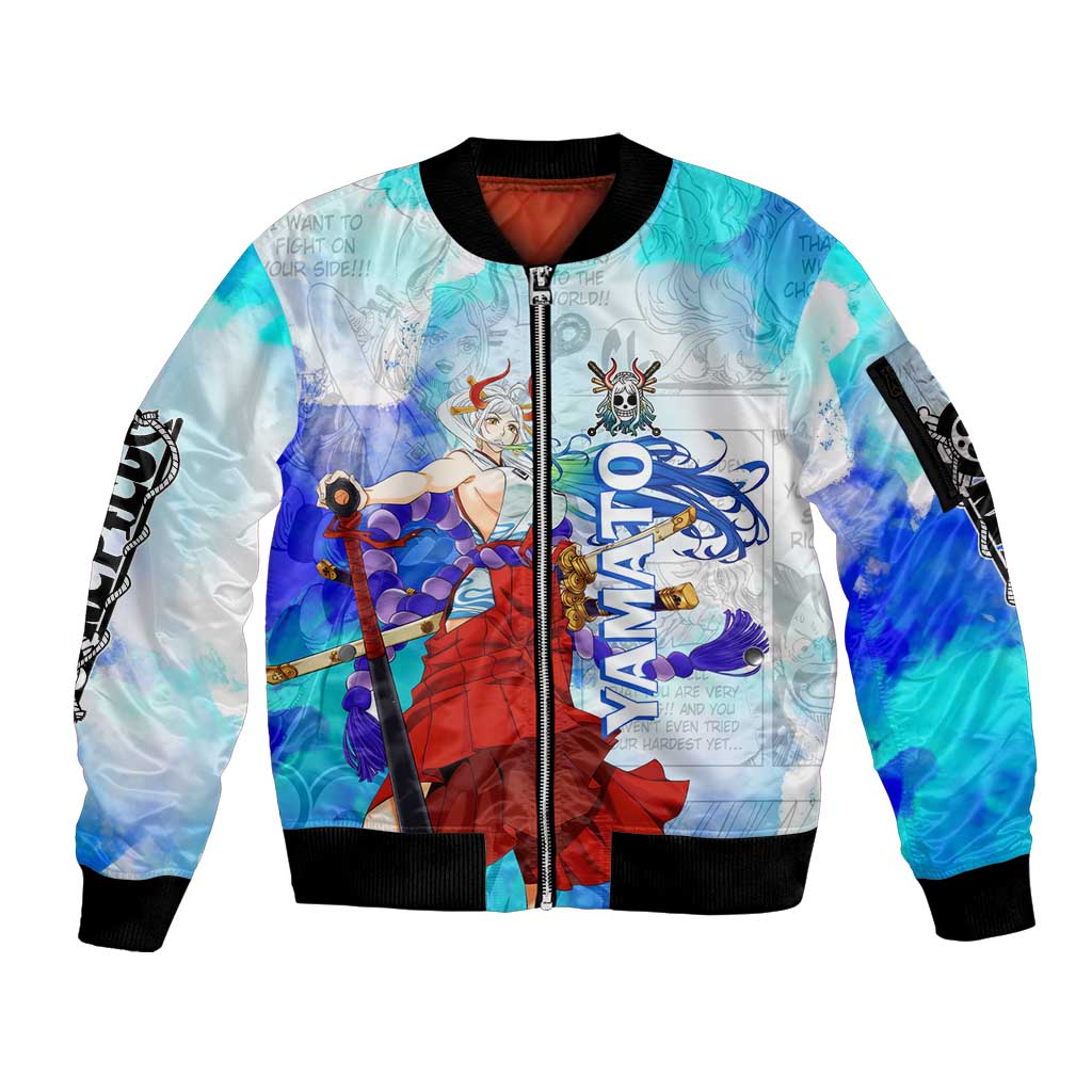 Yamato One Piece Blue Cloud Theme Sleeve Zip Bomber Jacket with Manga Panels and Oni Horn Character Design - The Mazicc
