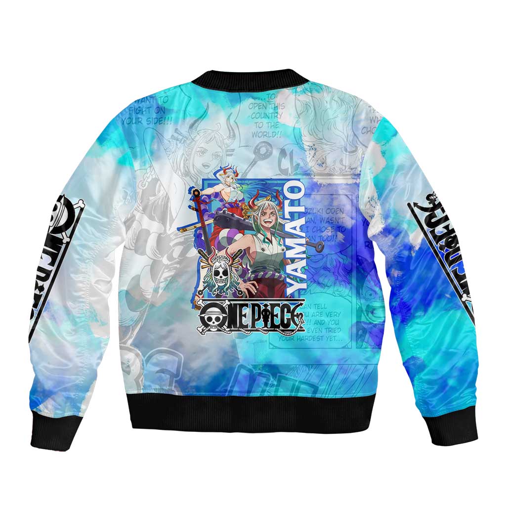 Yamato One Piece Blue Cloud Theme Sleeve Zip Bomber Jacket with Manga Panels and Oni Horn Character Design - The Mazicc