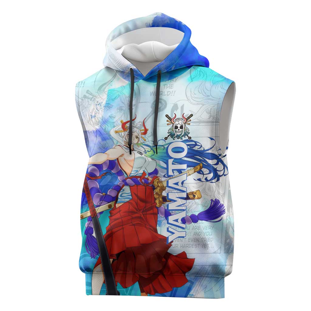 Yamato One Piece Blue Cloud Theme Sleeveless Hoodie with Manga Panels and Oni Horn Character Design - The Mazicc
