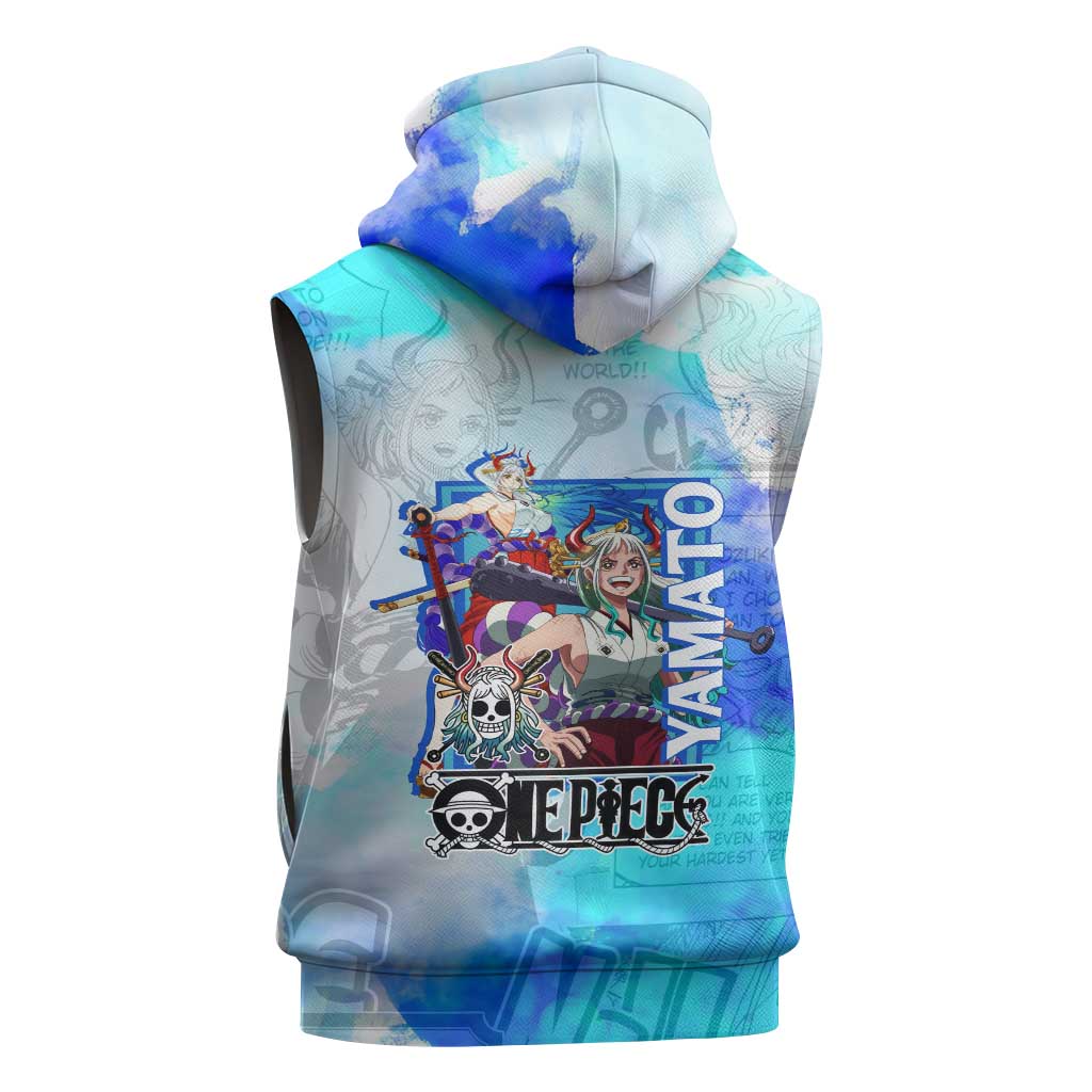 Yamato One Piece Blue Cloud Theme Sleeveless Hoodie with Manga Panels and Oni Horn Character Design - The Mazicc