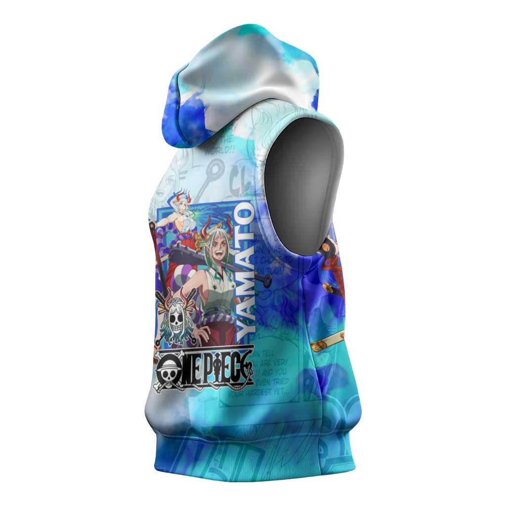 Yamato One Piece Blue Cloud Theme Sleeveless Hoodie with Manga Panels and Oni Horn Character Design - The Mazicc