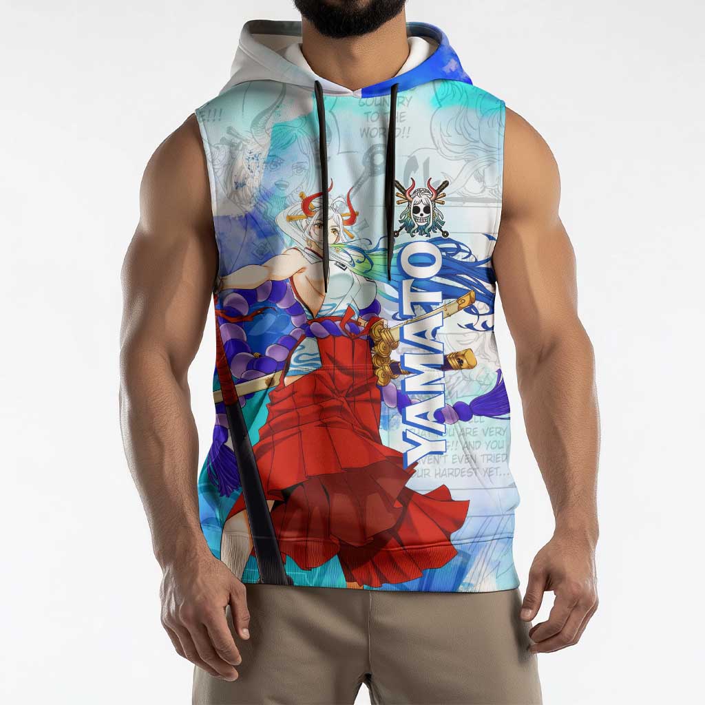 Yamato One Piece Blue Cloud Theme Sleeveless Hoodie with Manga Panels and Oni Horn Character Design - The Mazicc