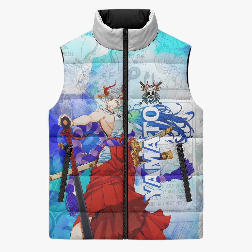 Yamato One Piece Blue Cloud Theme Sleeveless Puffer Jacket with Manga Panels and Oni Horn Character Design - The Mazicc