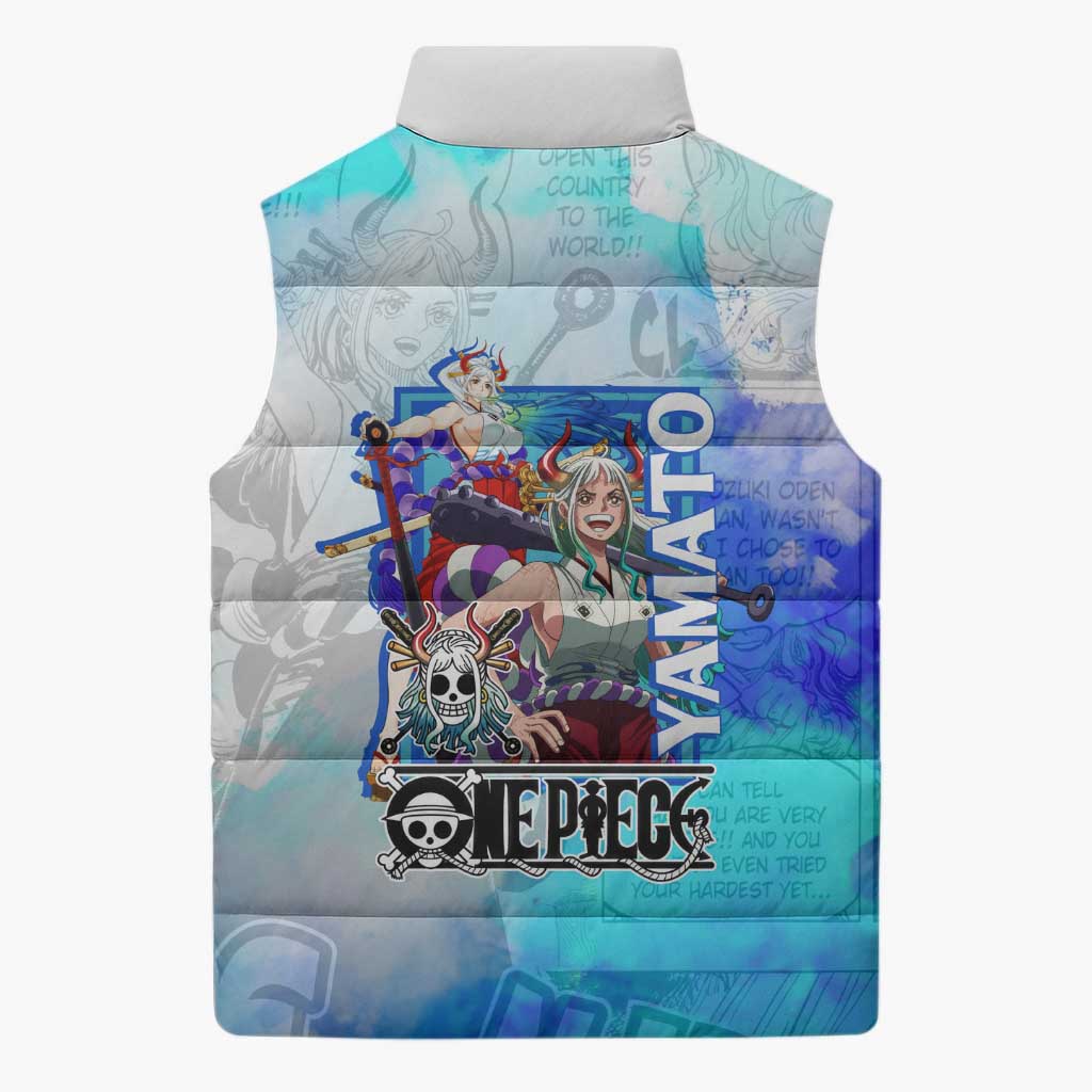 Yamato One Piece Blue Cloud Theme Sleeveless Puffer Jacket with Manga Panels and Oni Horn Character Design - The Mazicc