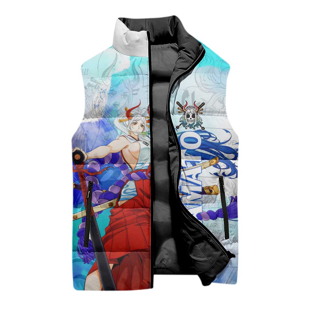 Yamato One Piece Blue Cloud Theme Sleeveless Puffer Jacket with Manga Panels and Oni Horn Character Design - The Mazicc