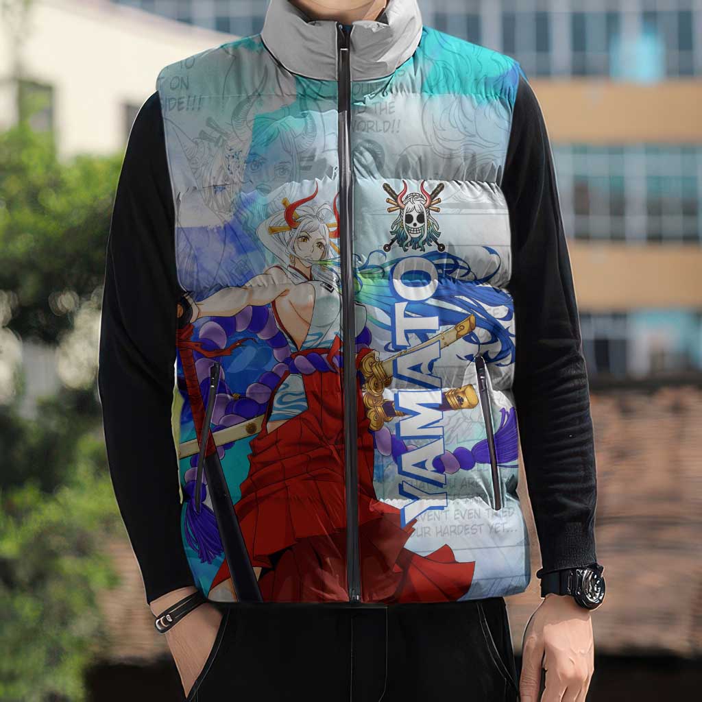Yamato One Piece Blue Cloud Theme Sleeveless Puffer Jacket with Manga Panels and Oni Horn Character Design - The Mazicc