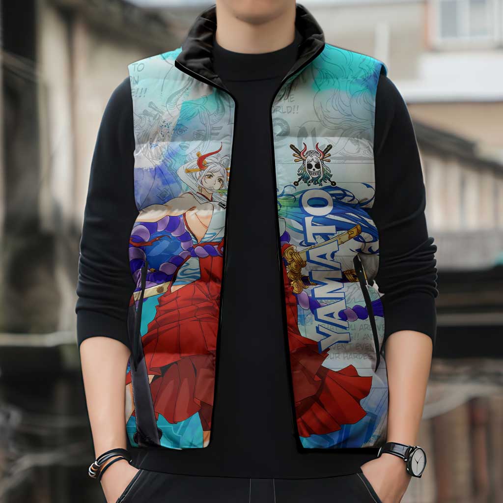 Yamato One Piece Blue Cloud Theme Sleeveless Puffer Jacket with Manga Panels and Oni Horn Character Design - The Mazicc