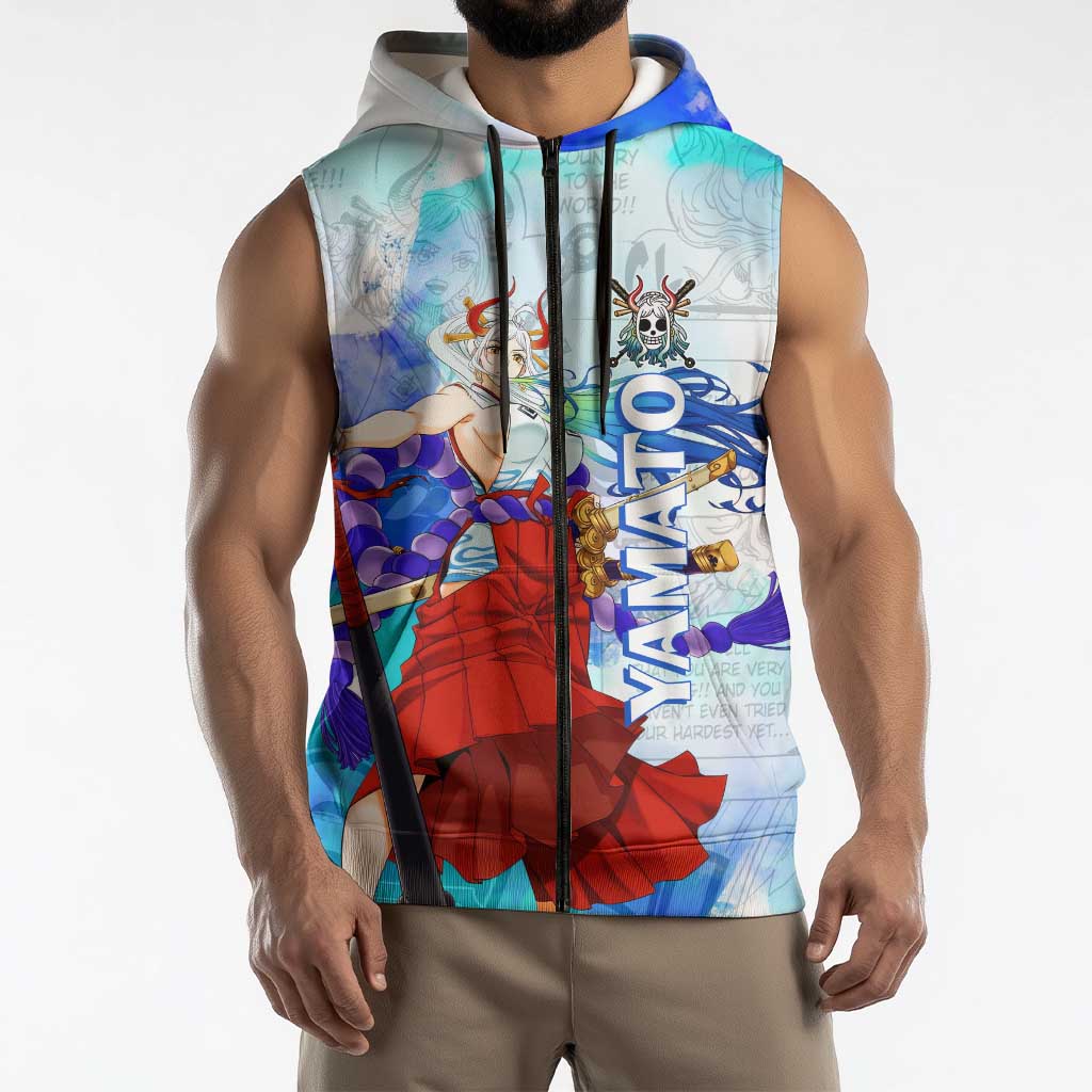 Yamato One Piece Blue Cloud Theme Sleeveless Zip Hoodie with Manga Panels and Oni Horn Character Design - The Mazicc