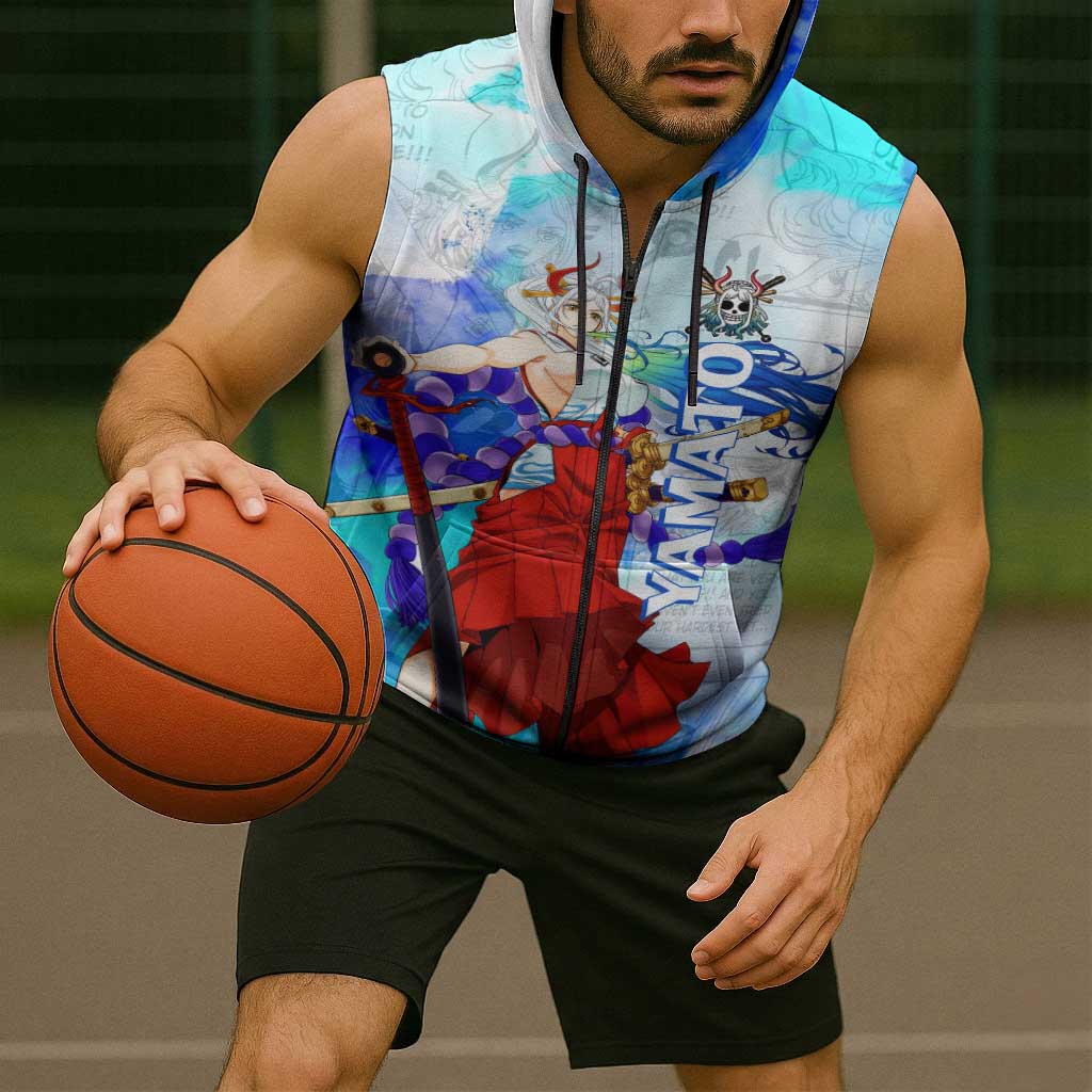 Yamato One Piece Blue Cloud Theme Sleeveless Zip Hoodie with Manga Panels and Oni Horn Character Design - The Mazicc