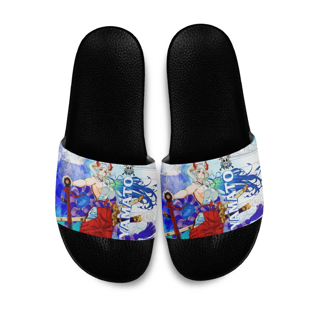 Yamato One Piece Blue Cloud Theme Slide Sandals with Manga Panels and Oni Horn Character Design - The Mazicc