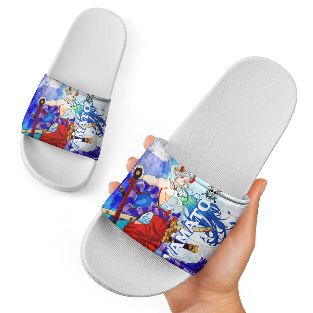 Yamato One Piece Blue Cloud Theme Slide Sandals with Manga Panels and Oni Horn Character Design - The Mazicc