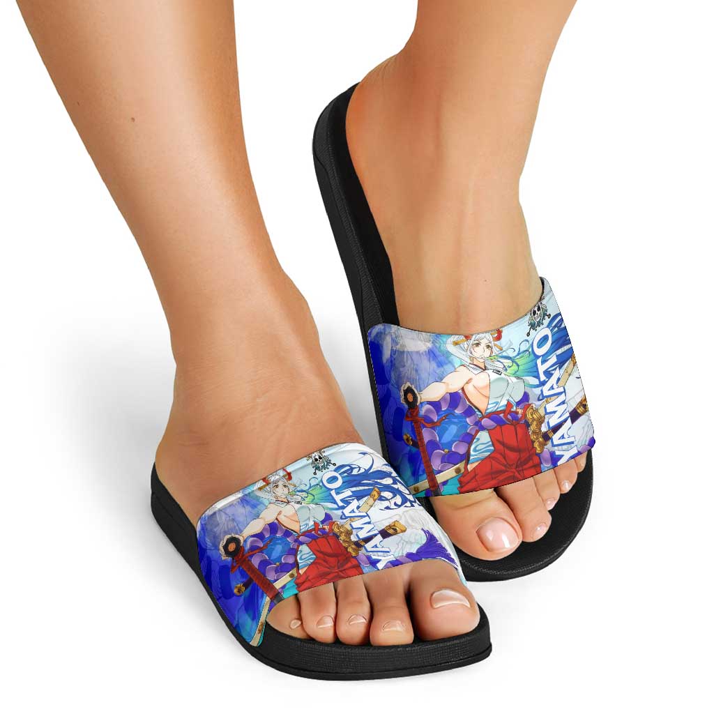 Yamato One Piece Blue Cloud Theme Slide Sandals with Manga Panels and Oni Horn Character Design - The Mazicc