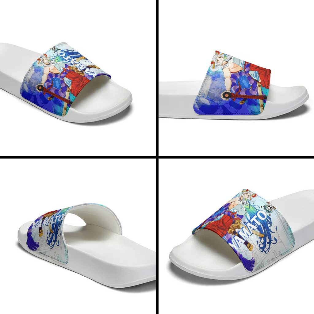 Yamato One Piece Blue Cloud Theme Slide Sandals with Manga Panels and Oni Horn Character Design - The Mazicc