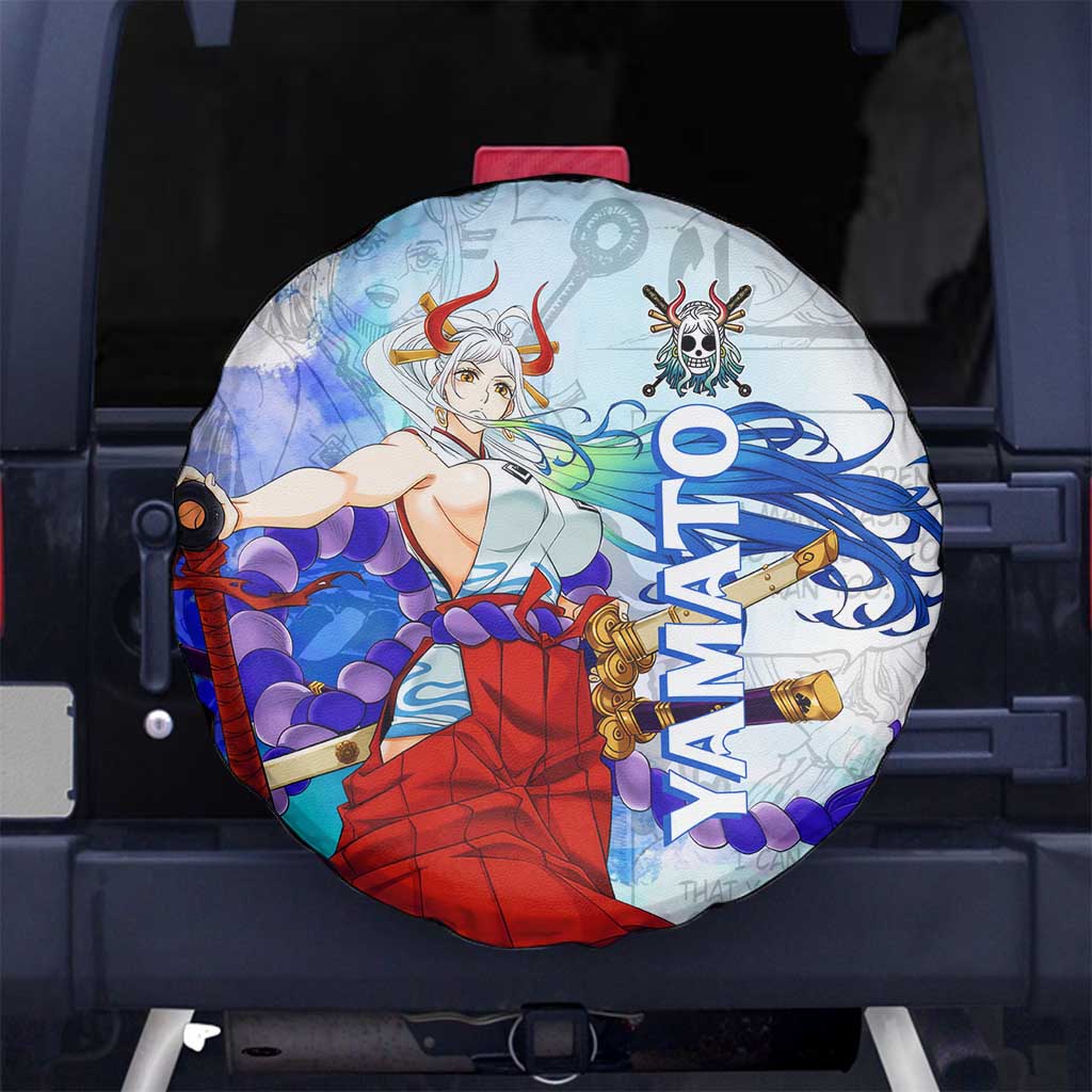 Yamato One Piece Blue Cloud Theme Spare Tire Cover with Manga Panels and Oni Horn Character Design - The Mazicc