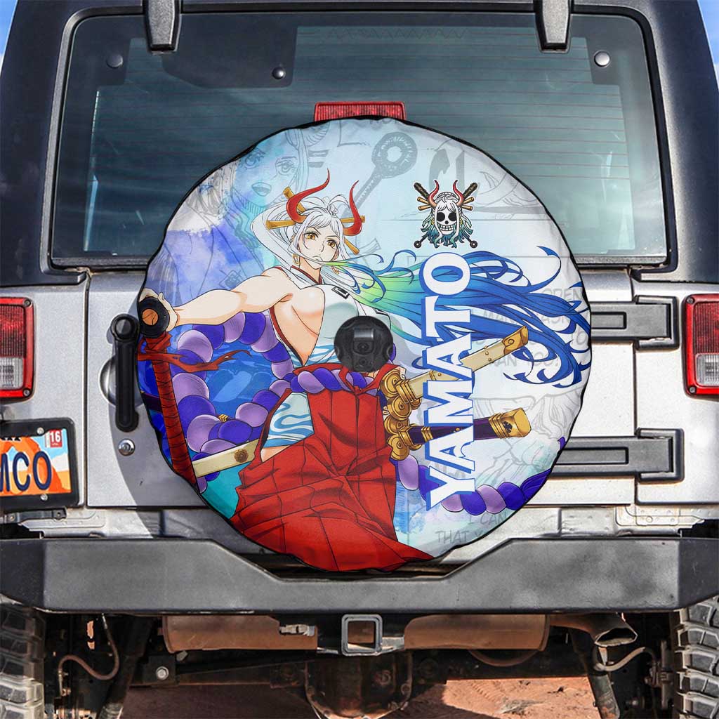Yamato One Piece Blue Cloud Theme Spare Tire Cover with Manga Panels and Oni Horn Character Design - The Mazicc