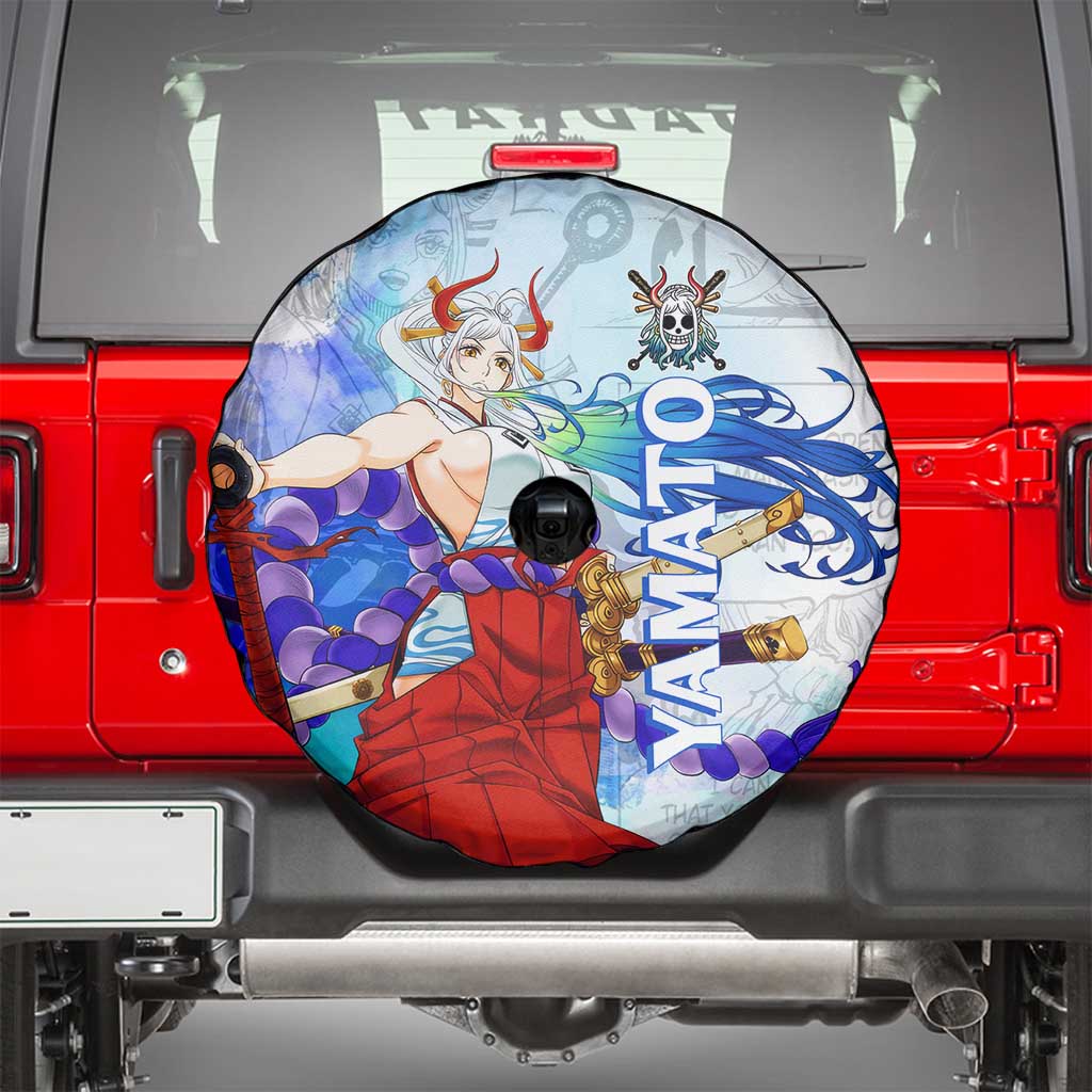 Yamato One Piece Blue Cloud Theme Spare Tire Cover with Manga Panels and Oni Horn Character Design - The Mazicc