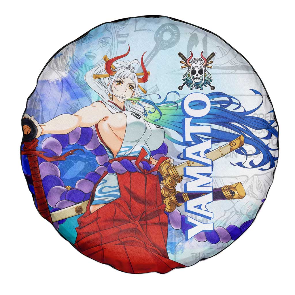 Yamato One Piece Blue Cloud Theme Spare Tire Cover with Manga Panels and Oni Horn Character Design - The Mazicc
