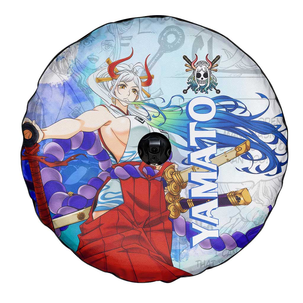 Yamato One Piece Blue Cloud Theme Spare Tire Cover with Manga Panels and Oni Horn Character Design - The Mazicc