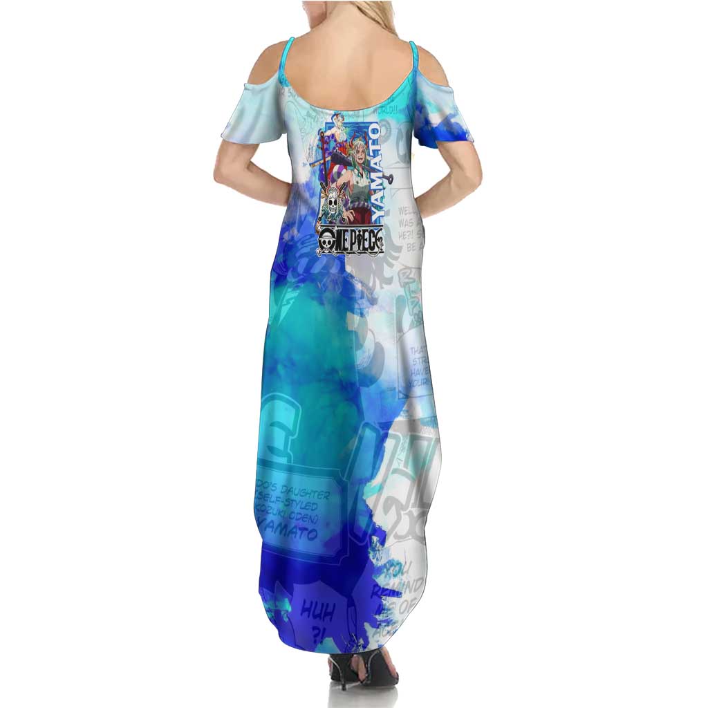 Yamato One Piece Blue Cloud Theme Summer Maxi Dress with Manga Panels and Oni Horn Character Design - The Mazicc