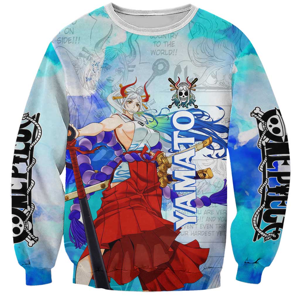 Yamato One Piece Blue Cloud Theme Sweatshirt with Manga Panels and Oni Horn Character Design - The Mazicc