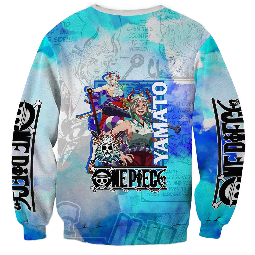 Yamato One Piece Blue Cloud Theme Sweatshirt with Manga Panels and Oni Horn Character Design - The Mazicc