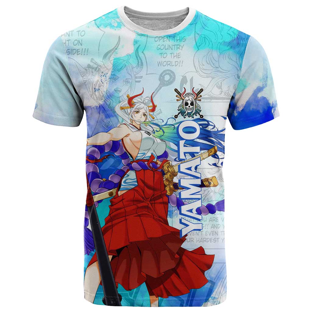 Yamato One Piece Blue Cloud Theme T Shirt with Manga Panels and Oni Horn Character Design - The Mazicc