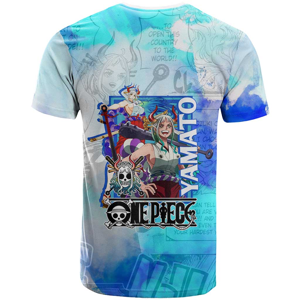 Yamato One Piece Blue Cloud Theme T Shirt with Manga Panels and Oni Horn Character Design - The Mazicc