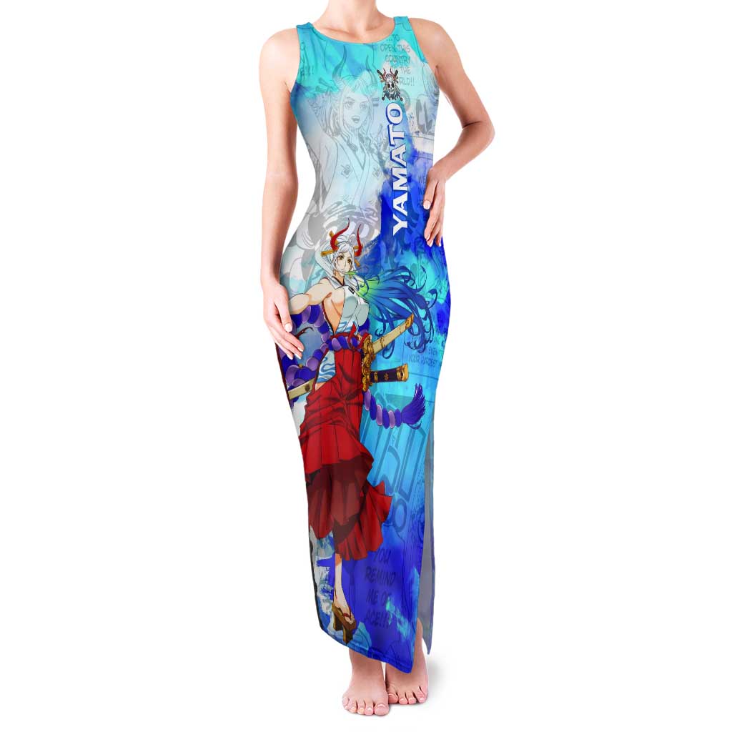 Yamato One Piece Blue Cloud Theme Tank Maxi Dress with Manga Panels and Oni Horn Character Design - The Mazicc