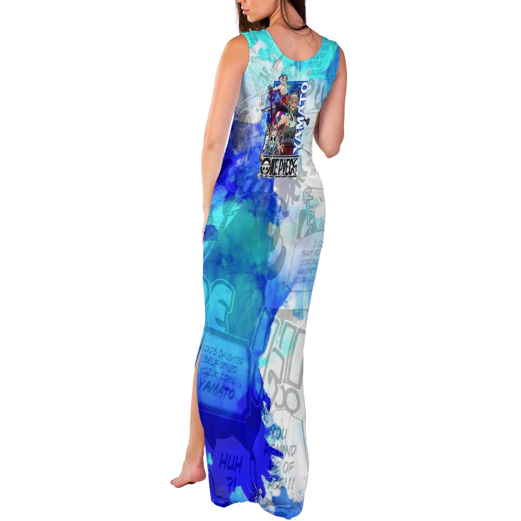 Yamato One Piece Blue Cloud Theme Tank Maxi Dress with Manga Panels and Oni Horn Character Design - The Mazicc