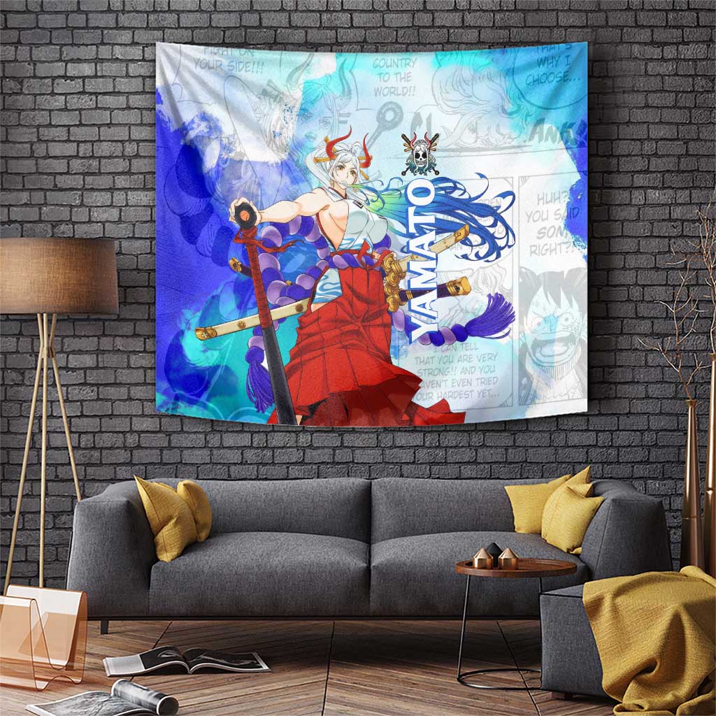 Yamato One Piece Blue Cloud Theme Tapestry with Manga Panels and Oni Horn Character Design - The Mazicc