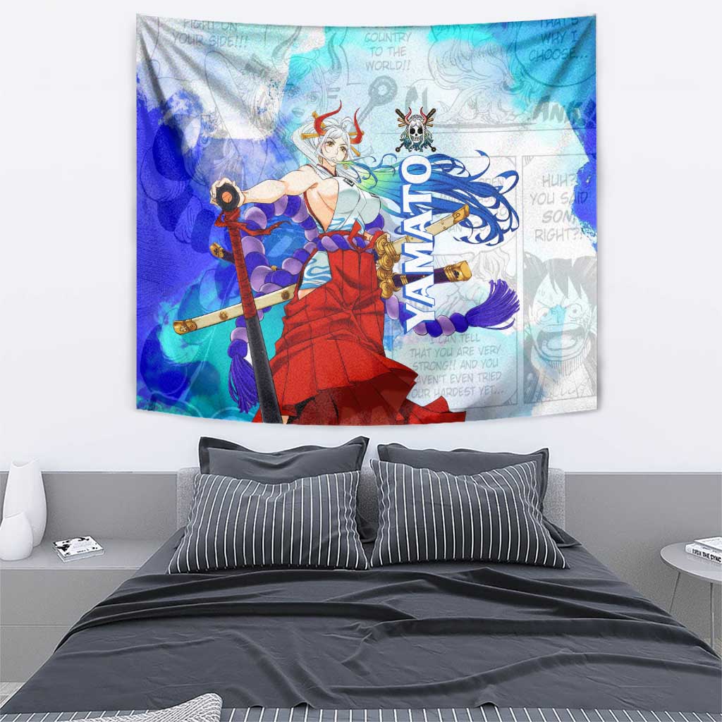 Yamato One Piece Blue Cloud Theme Tapestry with Manga Panels and Oni Horn Character Design - The Mazicc