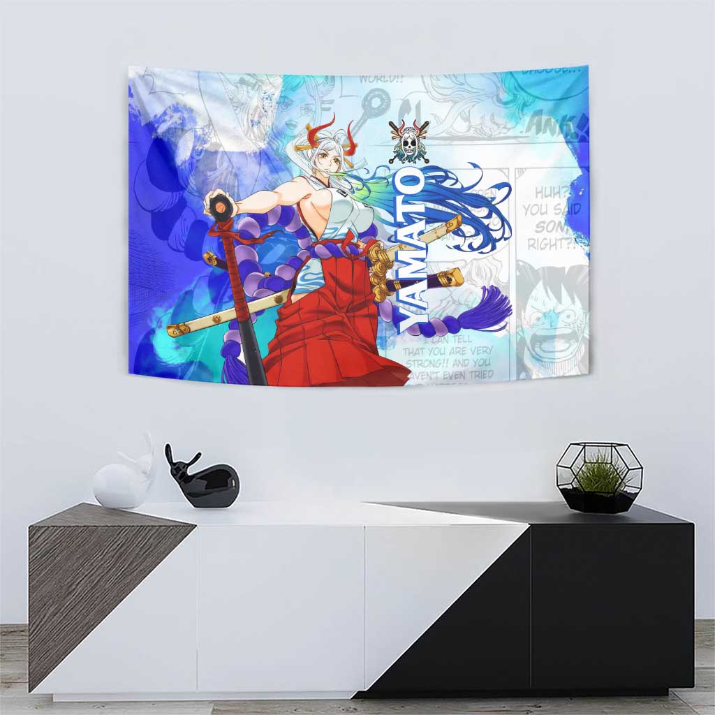 Yamato One Piece Blue Cloud Theme Tapestry with Manga Panels and Oni Horn Character Design - The Mazicc