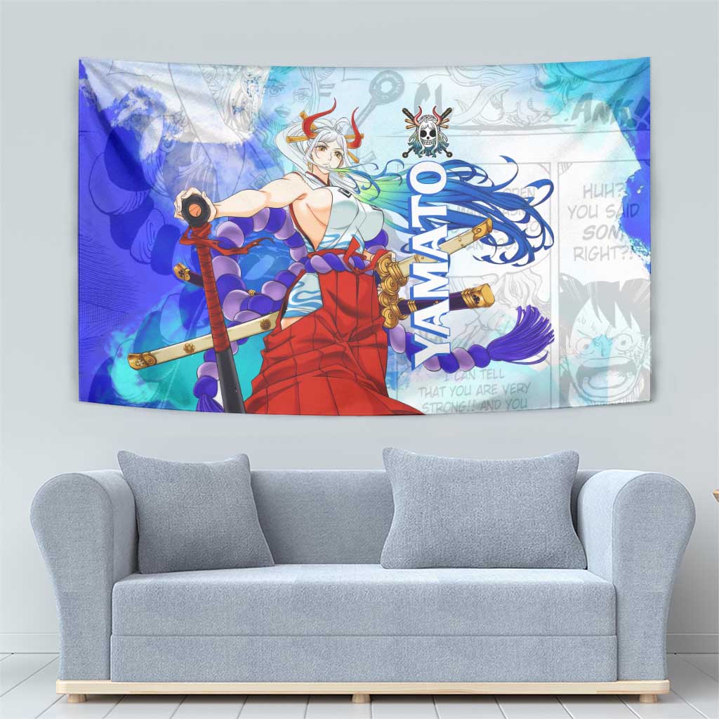 Yamato One Piece Blue Cloud Theme Tapestry with Manga Panels and Oni Horn Character Design - The Mazicc