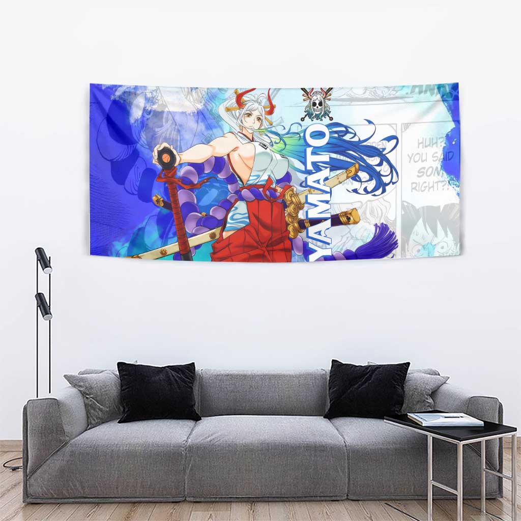 Yamato One Piece Blue Cloud Theme Tapestry with Manga Panels and Oni Horn Character Design - The Mazicc