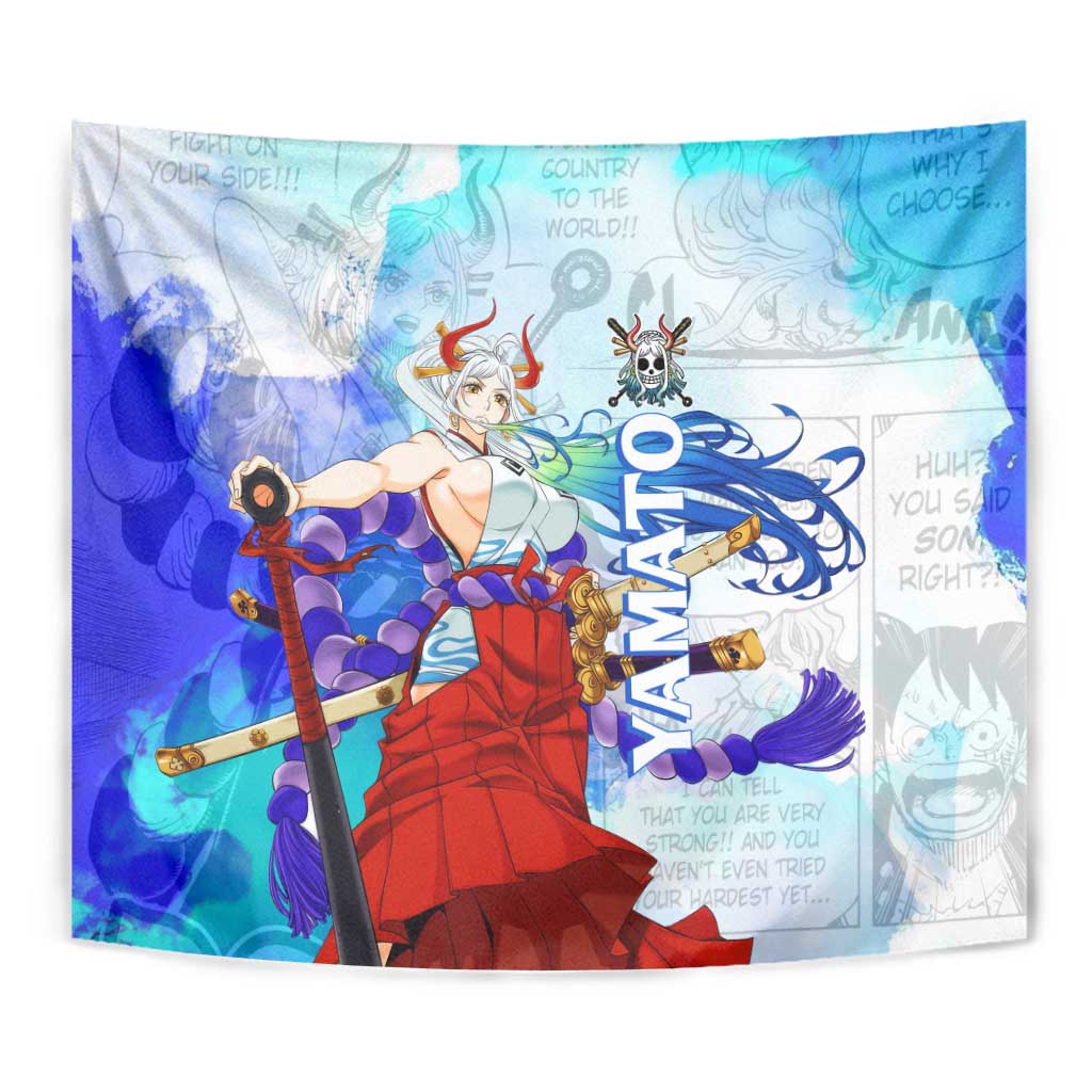 Yamato One Piece Blue Cloud Theme Tapestry with Manga Panels and Oni Horn Character Design - The Mazicc