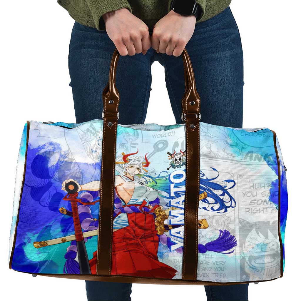 Yamato One Piece Blue Cloud Theme Travel Bag with Manga Panels and Oni Horn Character Design - The Mazicc