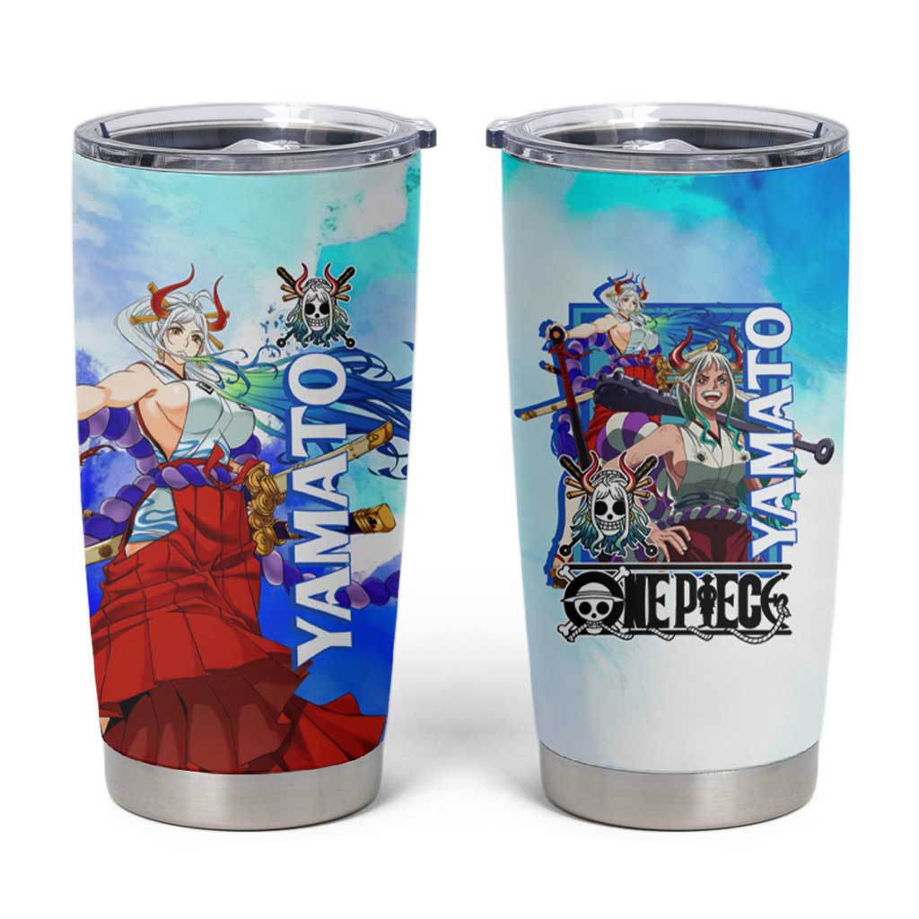 Yamato One Piece Blue Cloud Theme Tumbler Cup with Manga Panels and Oni Horn Character Design - The Mazicc