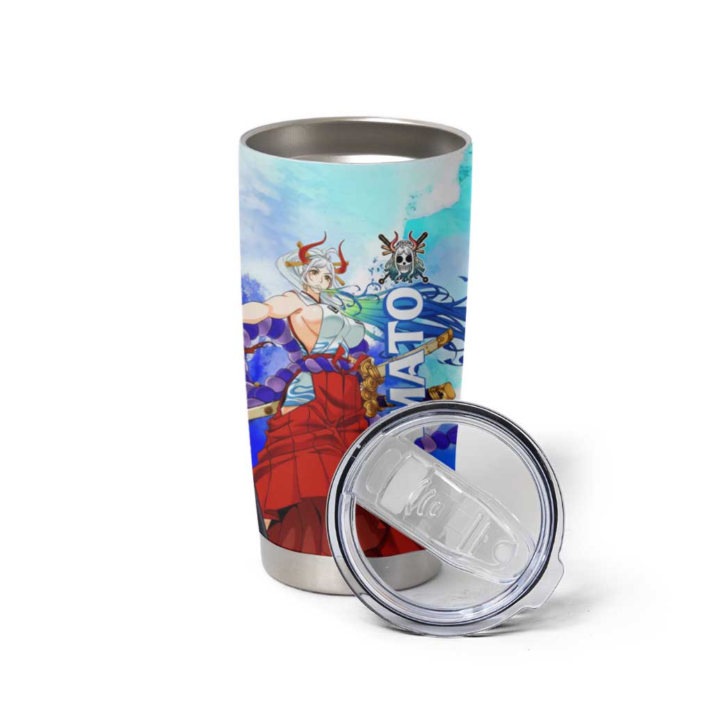 Yamato One Piece Blue Cloud Theme Tumbler Cup with Manga Panels and Oni Horn Character Design - The Mazicc