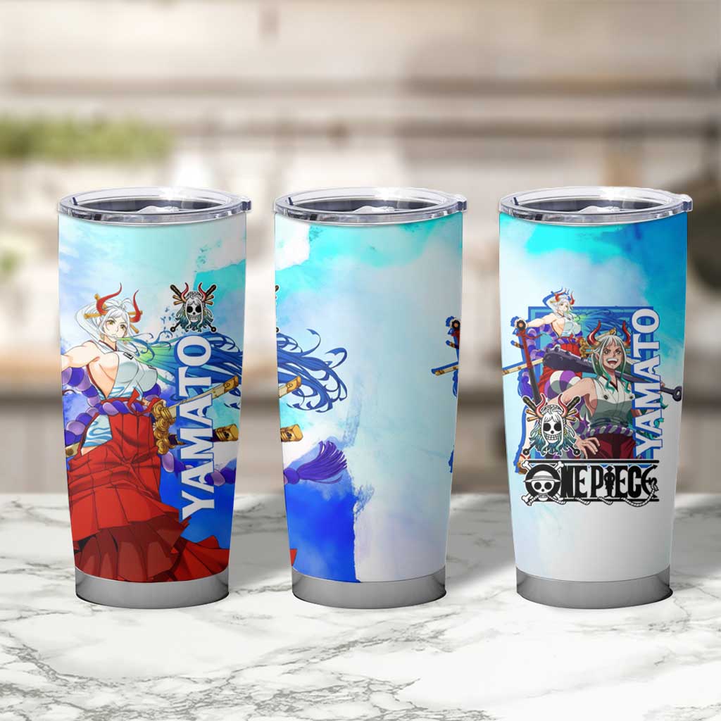Yamato One Piece Blue Cloud Theme Tumbler Cup with Manga Panels and Oni Horn Character Design - The Mazicc